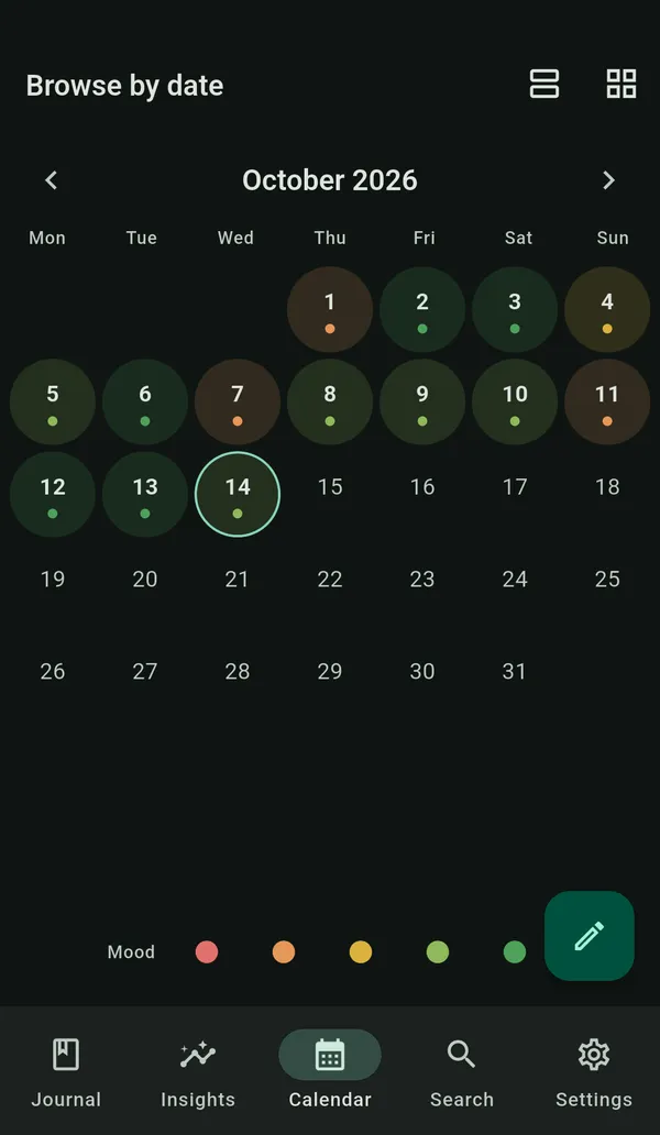 A month calendar in dark mode, each day coloured by mood.
