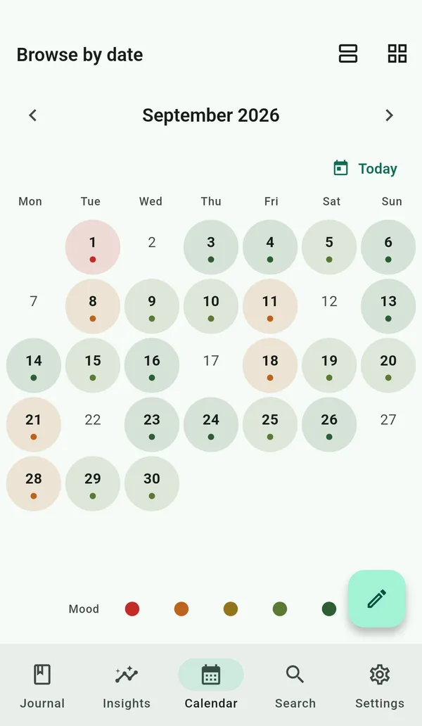 A month calendar where each day is coloured by the mood logged that day.
