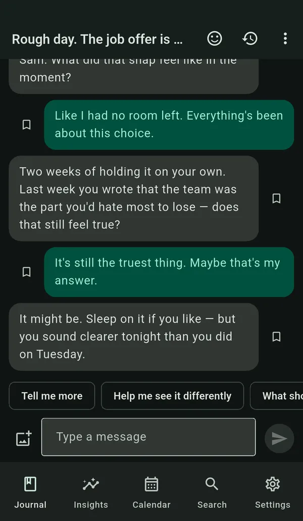 A conversation in dark mode: the writer's messages and the AI's replies in one thread.