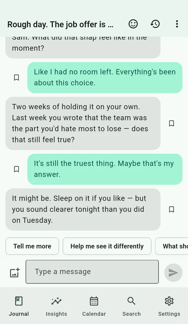 A conversation: the writer's messages and the AI's replies in one thread.