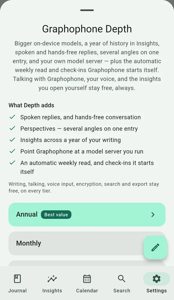 The Graphophone Depth sheet in the app, listing what Depth adds.