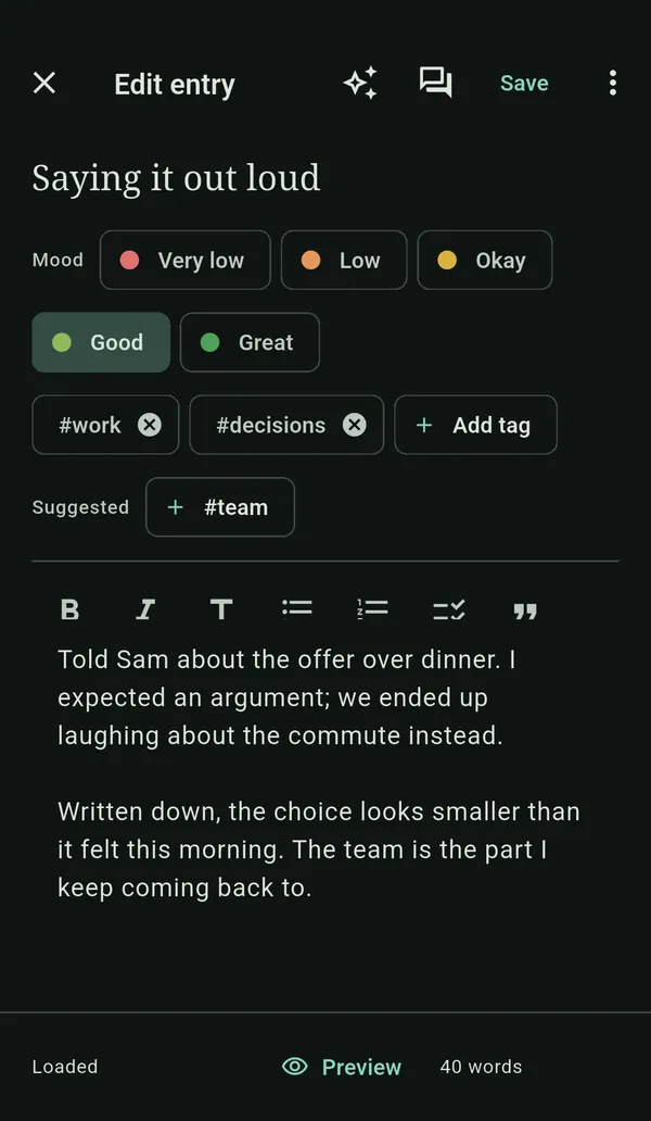 The entry editor in dark mode.