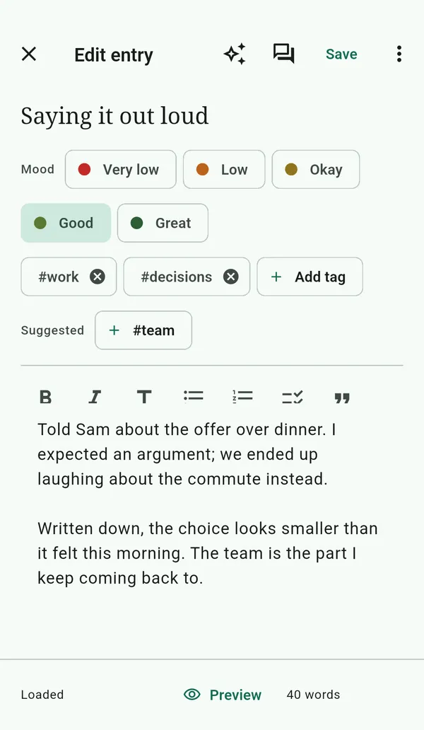 Editing an entry: a title, a mood, two tags and the body text.