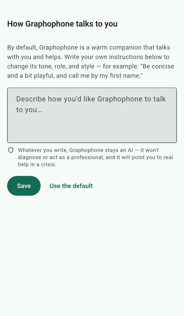 The setting that describes how Graphophone talks to you.