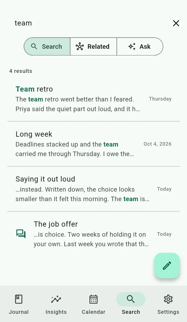 Search results for the word team, with the matches highlighted.