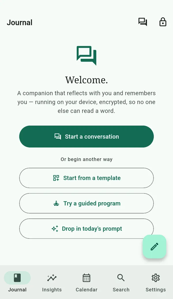 The welcome screen of a new journal.