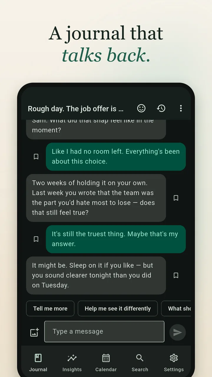 A conversation in dark mode: the writer's messages and the AI's replies in one thread.