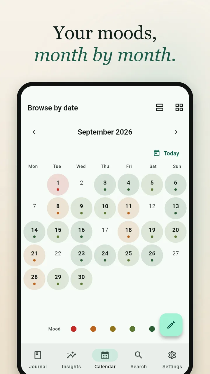 A month calendar where each day is coloured by the mood logged that day.