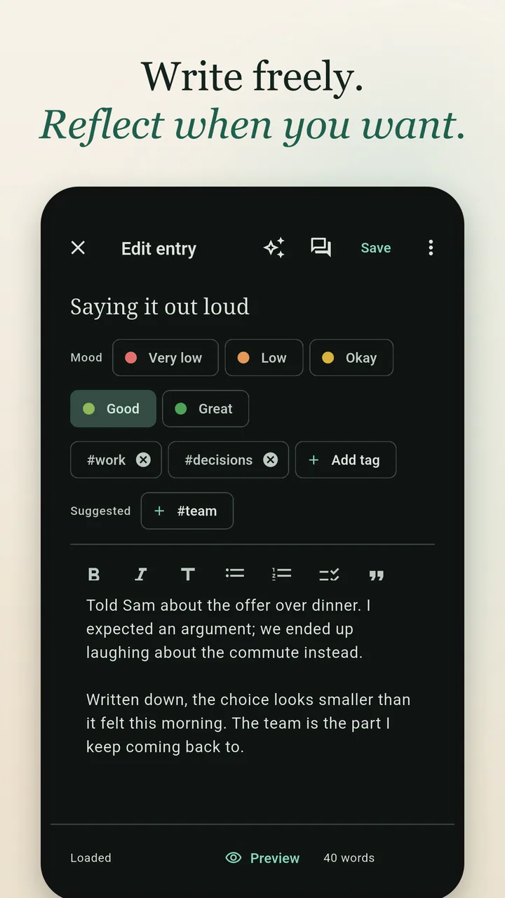 The entry editor in dark mode, with mood, tags and Markdown formatting.
