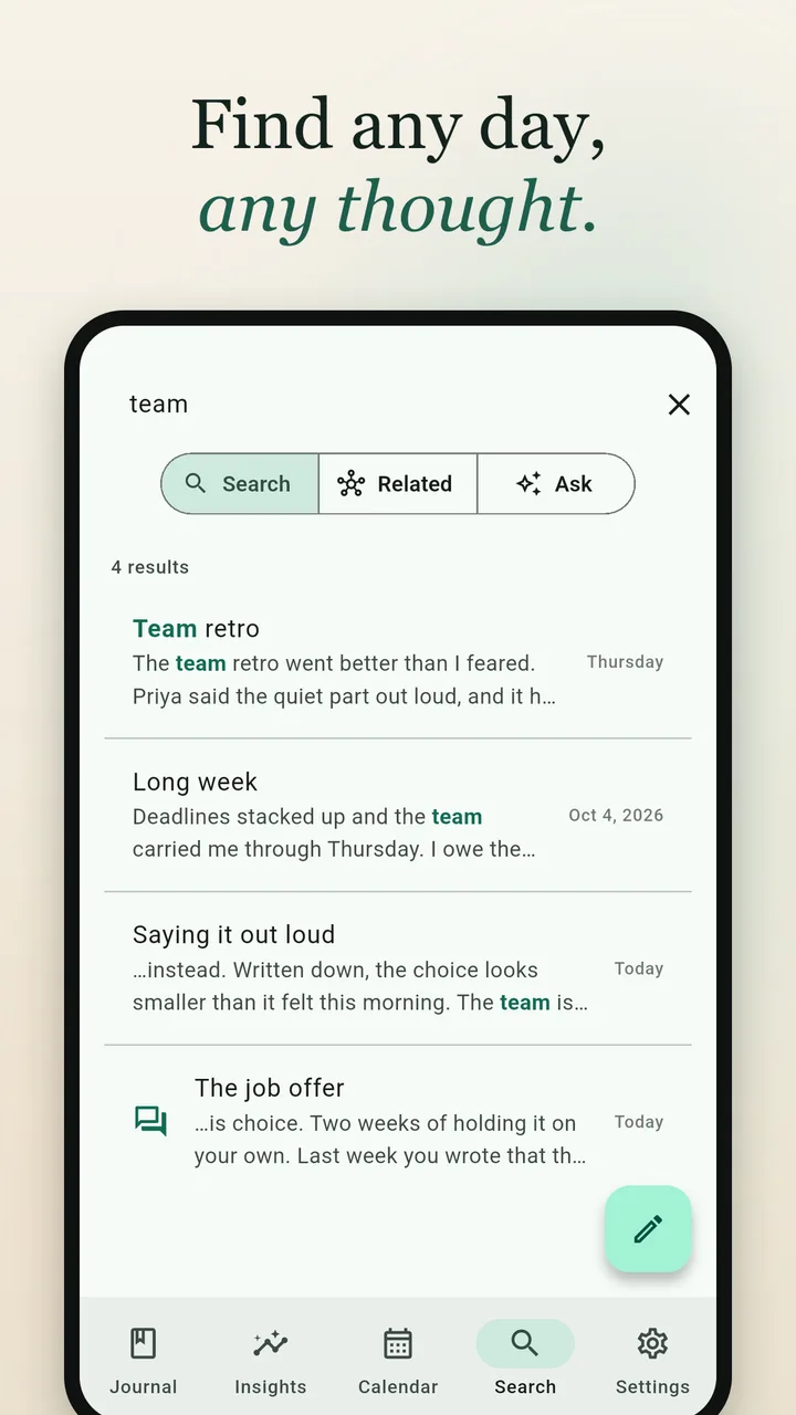 Search results for the word team, with the matches highlighted.