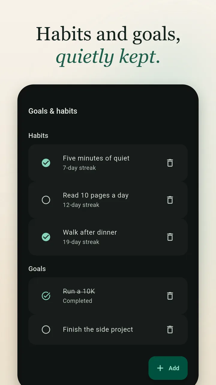 Goals and habits in dark mode: three habit streaks and a completed goal.