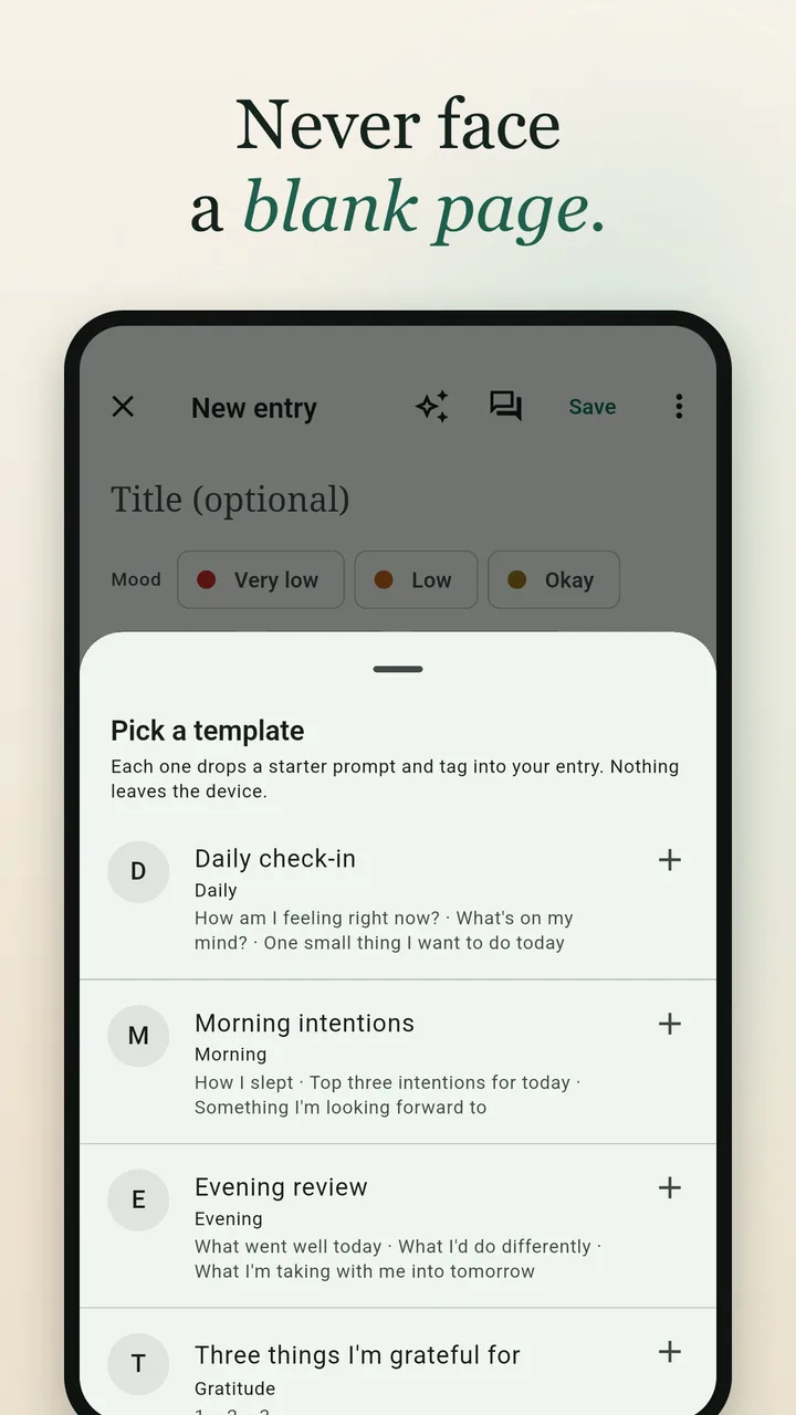 The template picker: daily check-in, morning intentions, evening review, gratitude.